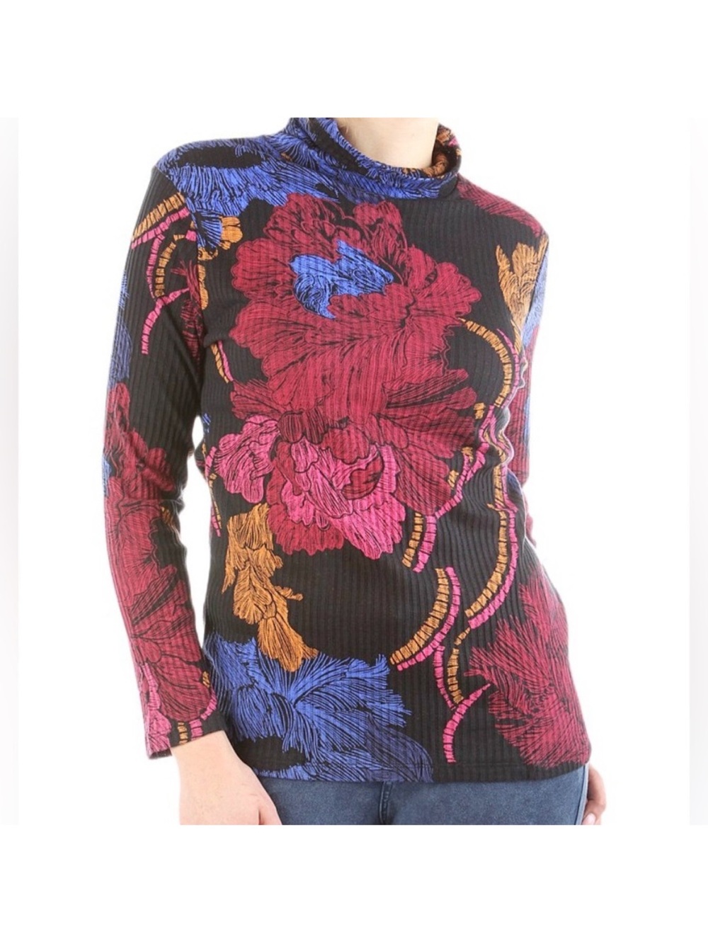 Desigual Stretch Ribbed Knit Turtleneck Size Large Fuchsia Blue Floral
